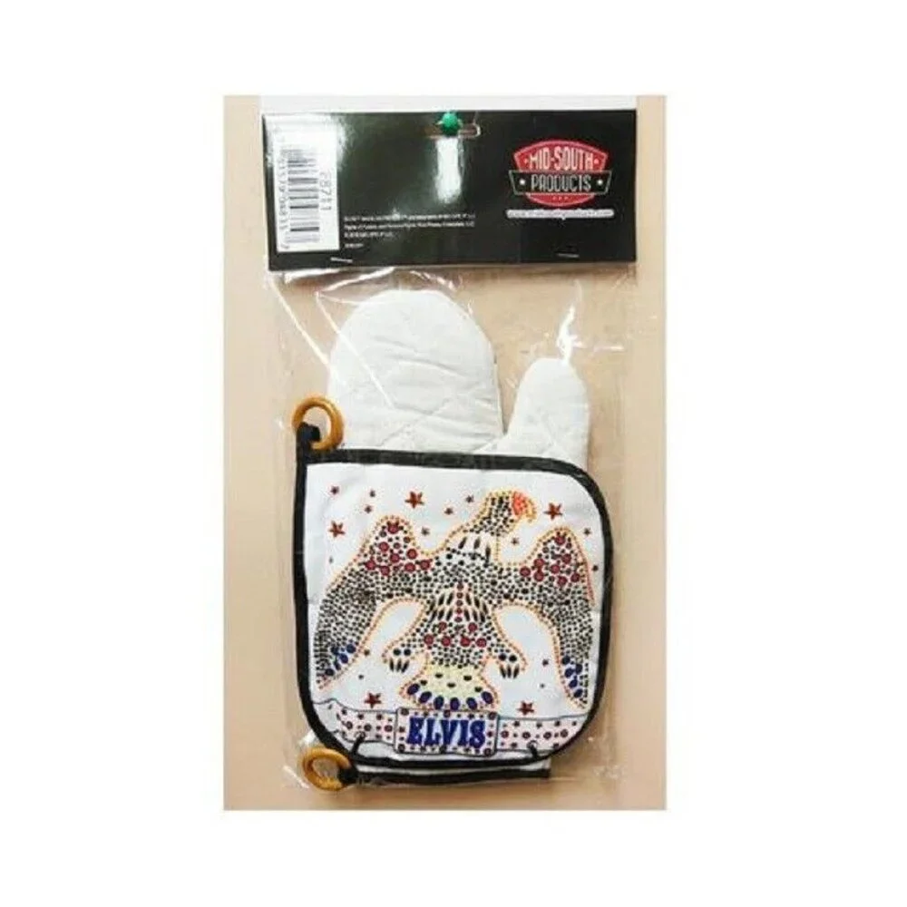 New White Oven Mitt & Potholder Set Elvis Presley Kitchen Jumpsuit Eagle Concert